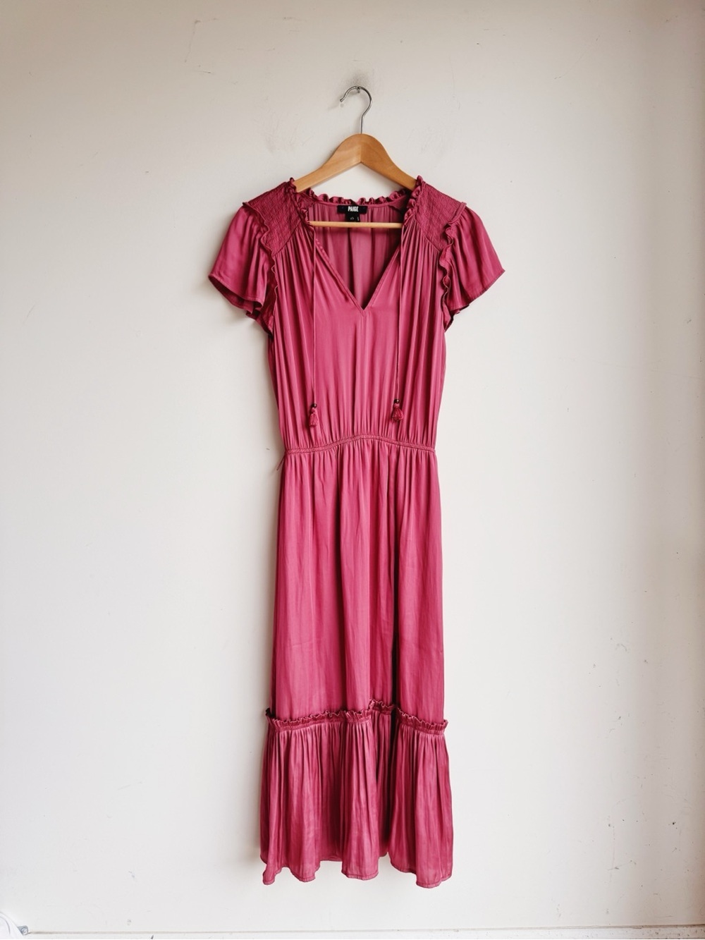PAIGE Laramie Midi Dress Pink Satin Ruffle Midi Dress XS - Picture 2 of 6